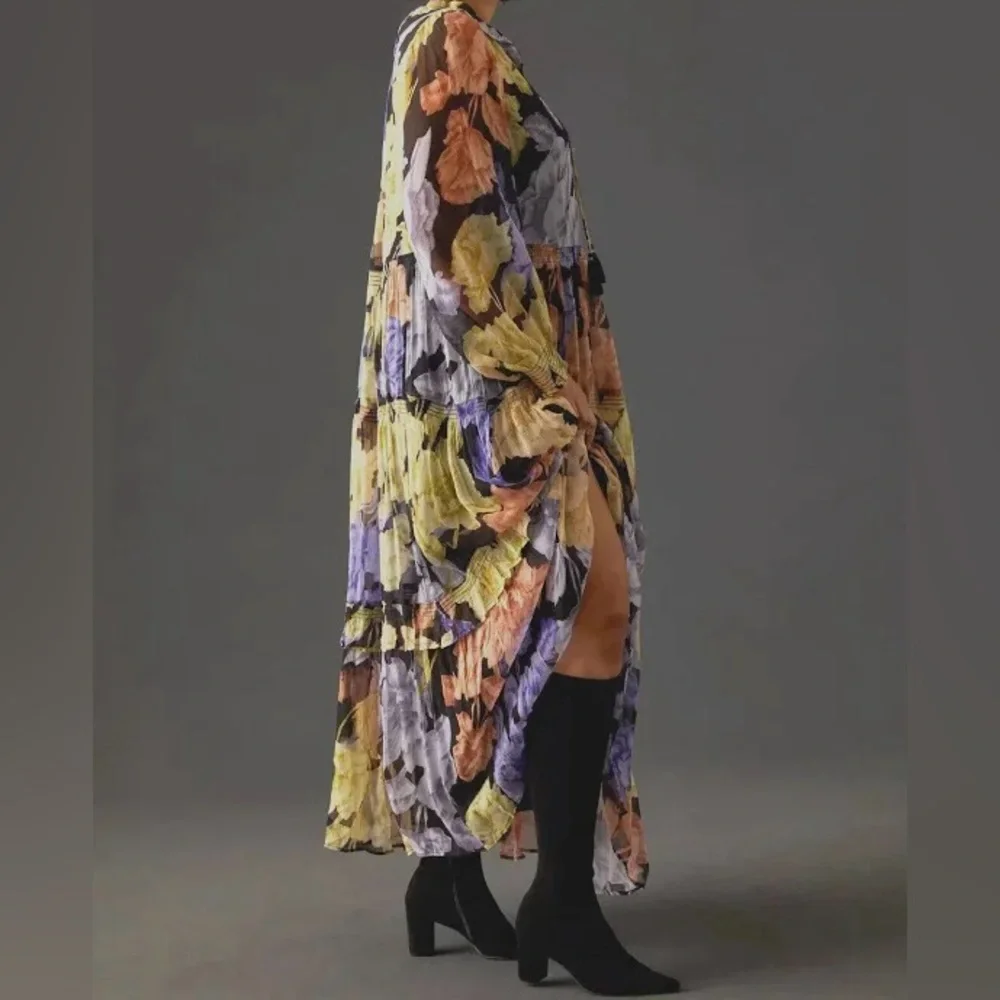 Anthropologie Floral Long-Sleeve Maxi Dress in Black, Yellow & Lavender - Picture 3 of 11